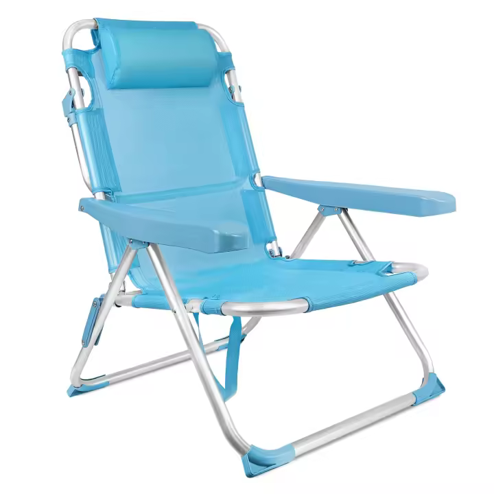 Silla de Playa Plegable, Azul Turquesa, Estructura de Aluminio y Textileno, 4 Posiciones, con Cojín reposacabezas, Medidas 60x22x85.5 cm, Peso Máximo de 110Kg - 1