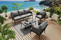 Conjunto chaise longue de Jardín, Conjunto de muebles de Jardín con cojines, de 3 plazas Sofá, 2 sillones y Mesa de Centro, Exterior, Tapa de Cristal, Brazos de Cuerda trenzada, Acero vanizado, gris - details 0