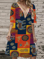 Vestido Corto Impreso Verano Con Cuello V Y Encaje Talla Grande Hasta La Rodilla Para Mujer Estilo Casual Polyester - details 2