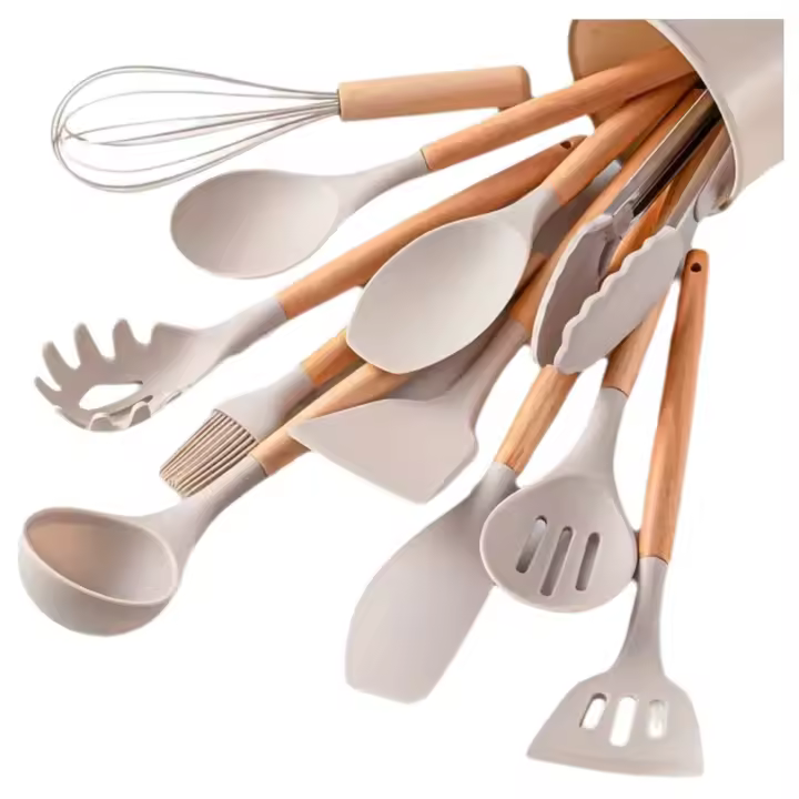 Juego De 12 Piezas De Utensilios De Cocina Ecológicos De Silicona Con Mango De Madera No Adherente Resistentes Al Calor Espátula Y Cuchara Para Cocinar - 1