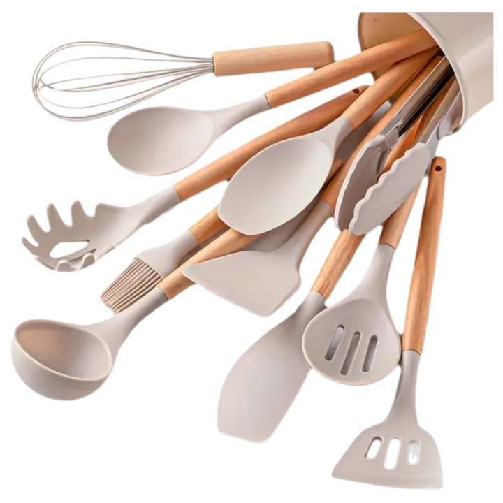 Juego De 12 Piezas De Utensilios De Cocina Ecológicos De Silicona Y Madera No Adherentes Resistentes Al Calor Espátula Y Cuchara Para Sartén