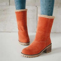 Botas De Mujer De Terciopelo Cómodo Y Caliente Con Tacón Cuadrado Y Punta Redonda Color Sólido Moda Invierno Botines De Tacón Bajo - details 2