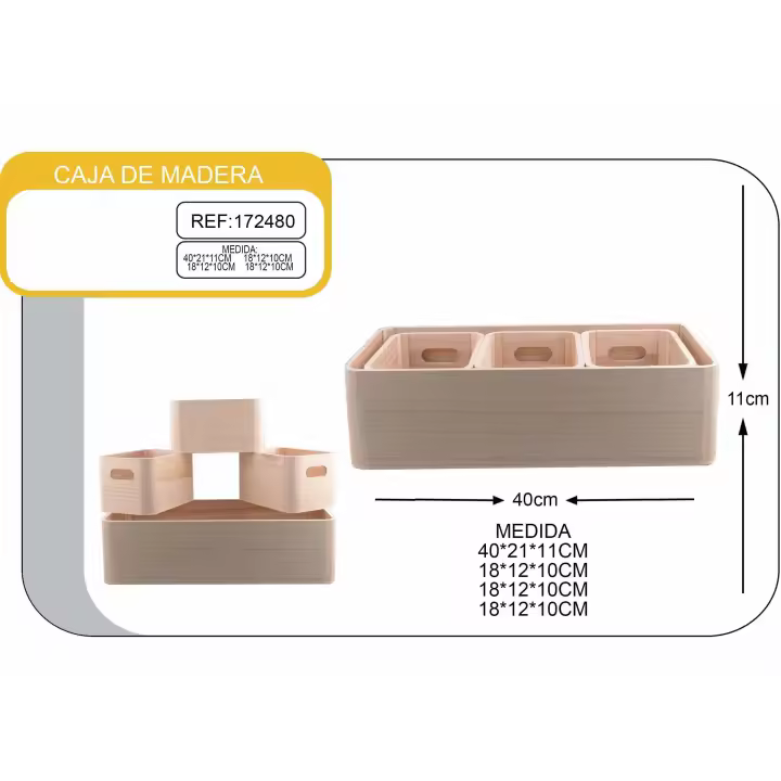 Caja de madera set de 4 unidades 40x21x11cm, 18x12x10cm, 18x12x10cm, 18x12x10cm - 1