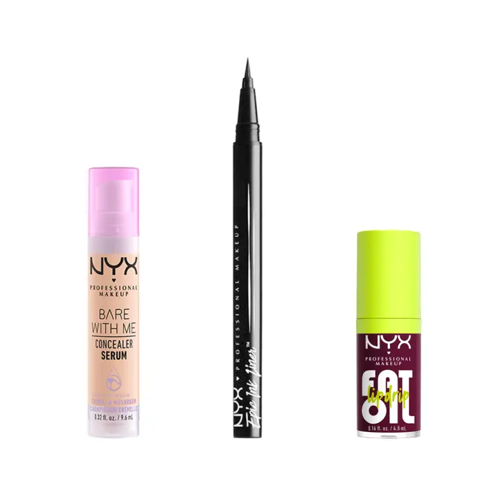 NYX Professional Makeup | Set rutina de corrector serum bwm vainilla + fat oil lip tono thats chic + eyeliner liquido epic black - 1