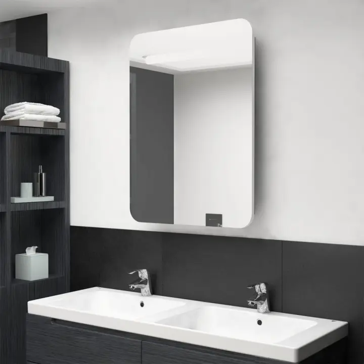 vidaXL Armario de baño con espejo y LED 60x11x80 cm en color blanco y roble/Negro/Gris brillo y más | almacenamiento funcional diseño moderno para baño dormitorio sala - 1