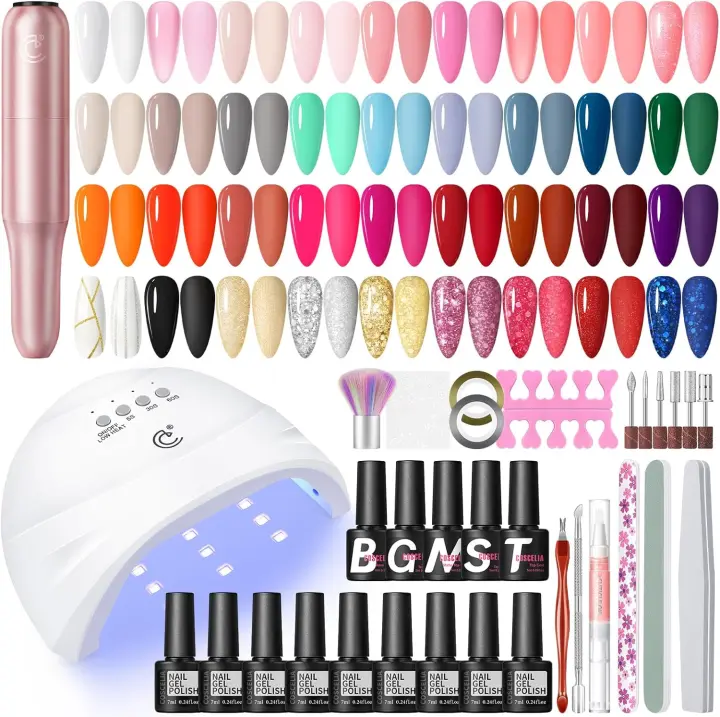 COSCELIA 40Pcs Semi-Permanent Nail Kit Complete Kit with UV Lamp Nail Drill, Semi-Permanent Nail Polish Red Black White 35 Colors Base and Top Coat Manicure Kit with Tools - 1