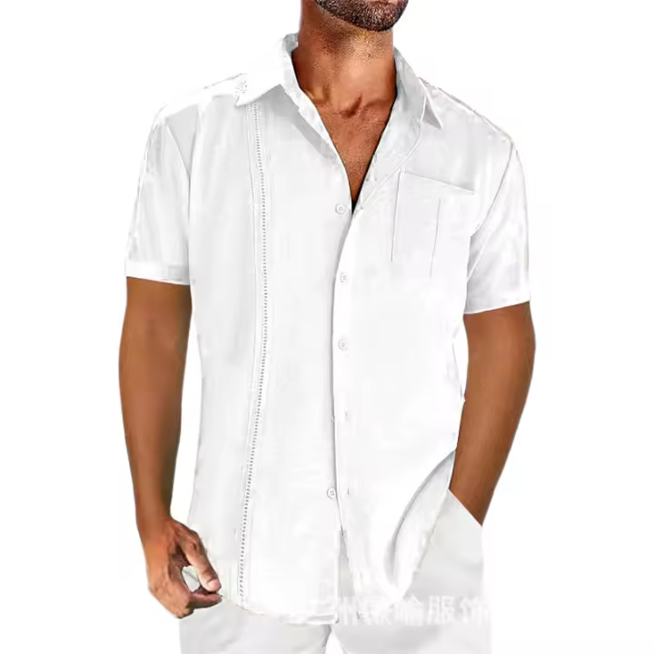 Summer casual solid color lace men's short-sleeved cotton and linen shirt - 1