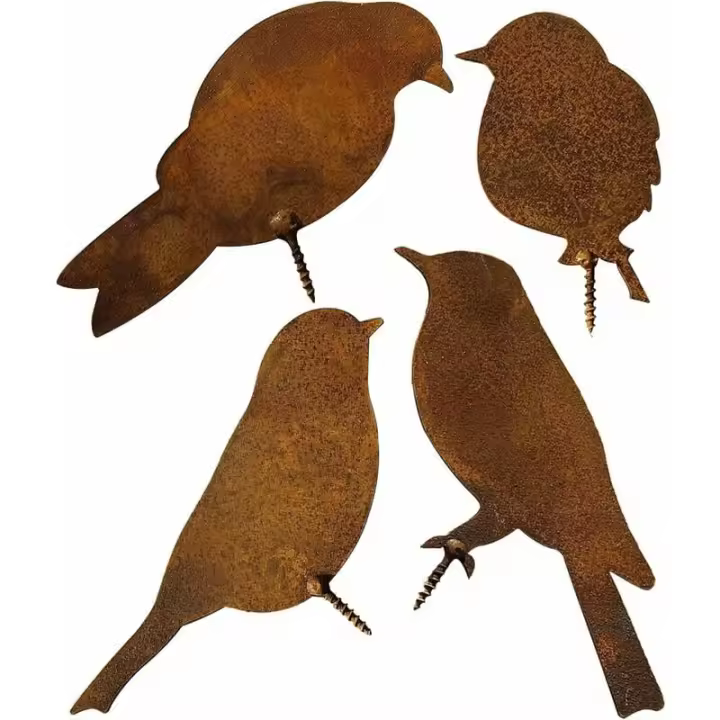 Pájaros para árbol - Decoración de Jardín de metal - Pátina de óxido natural (4 piezas) Girasol - 1