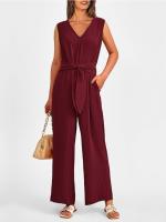 Traje De Mujer Elegante Y Moderno De Color Sólido Con Cuello En V Y Pierna Ancha Sin Mangas Traje De Verano Para Mujer - details 2