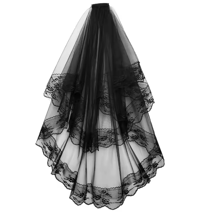 Velo De Novia Con Borde De Encaje Para Halloween Y Bodas De Mujer 2 Capas De Tules Velo De Boda Con Laciado De Encaje - 1