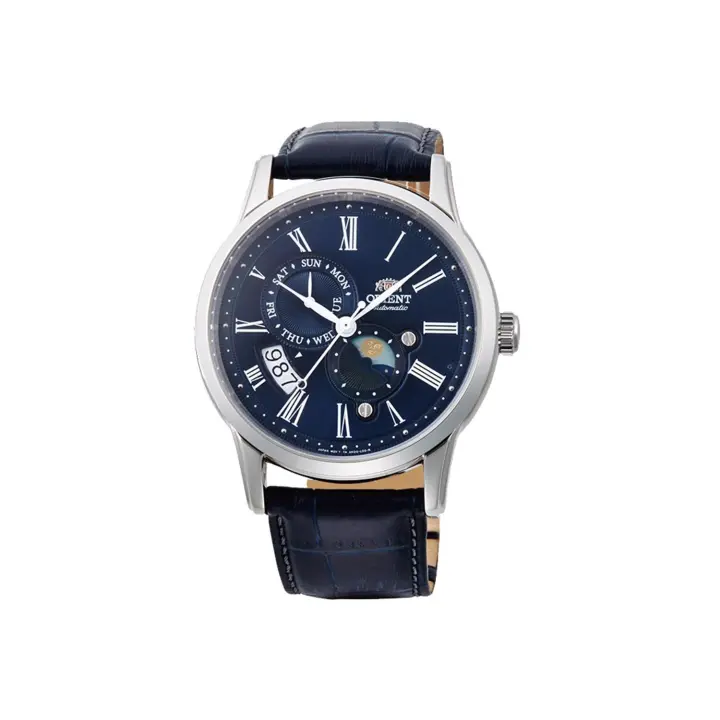 Orient Sun & Moon RA-AK0011D - Reloj Automático Hombre - Dial Azul - Cristal Zafiro - 40h Reserva de Marcha - Correa de Cuero - Resistente Al Agua - 1