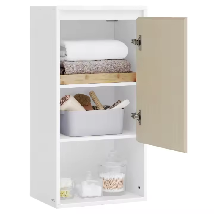 VASAGLE Armario de Baño, Armario de Pared de Baño, Puerta con Dirección de Apertura Ajustable, Estante Ajustable, 30 x 40 x 80 cm, Blanco Nube y Beige Natural - 1