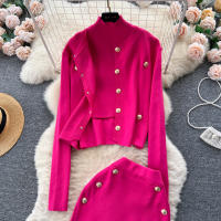 Conjunto De Ropa De Mujer REALEFT Otoño Invierno 3 Piezas Traje De Tejido Knitted Cardigan De Botón Sencillo Y Tops Falda Elegante Para Oficina - details 23