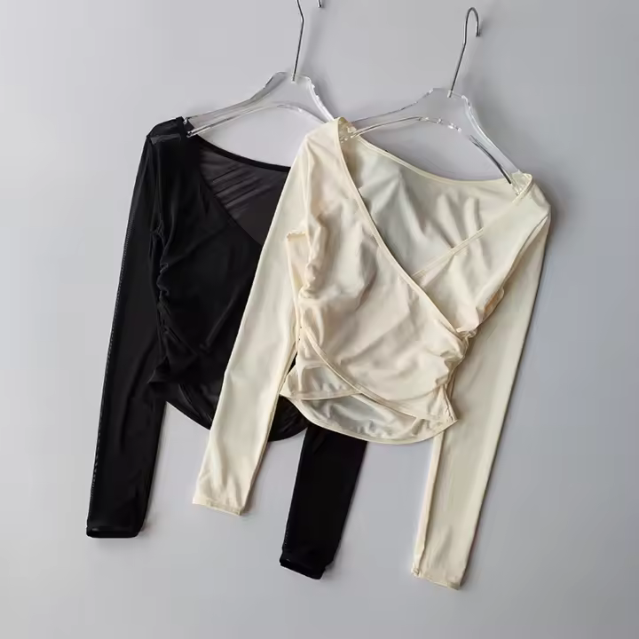 Camiseta Deportiva De Hombros Con Cuello V Malla Transpirable Prati Yoga Ropa De Entrenamiento Fitness Para Correr Top De Manga Larga Para Mujer - 1