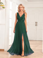 Vestido De Noche Para Mujer Brillante Chiffon Con Manga Doble V a Line Largo Hasta El Suelo Fiesta Vestido Con Abertura Lateral - details 4