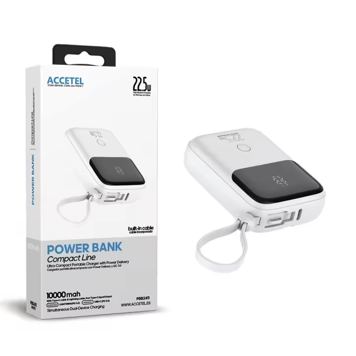 PBB2411W Batería externa de Carga Rápida 10000mAh 22.5W PD+QC3.0 con Pantalla Digital y Cable Incorporado USB-C/Lightning - 1