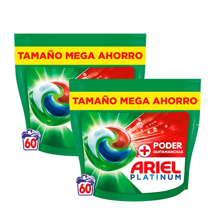 Ariel Platinum | Pack Todo En 1 Pods Extra Poder Quitamanchas, 120 Cápsulas De Detergente Líquido, Tamaño Mega Ahorro, Formato 2x60 Lavados