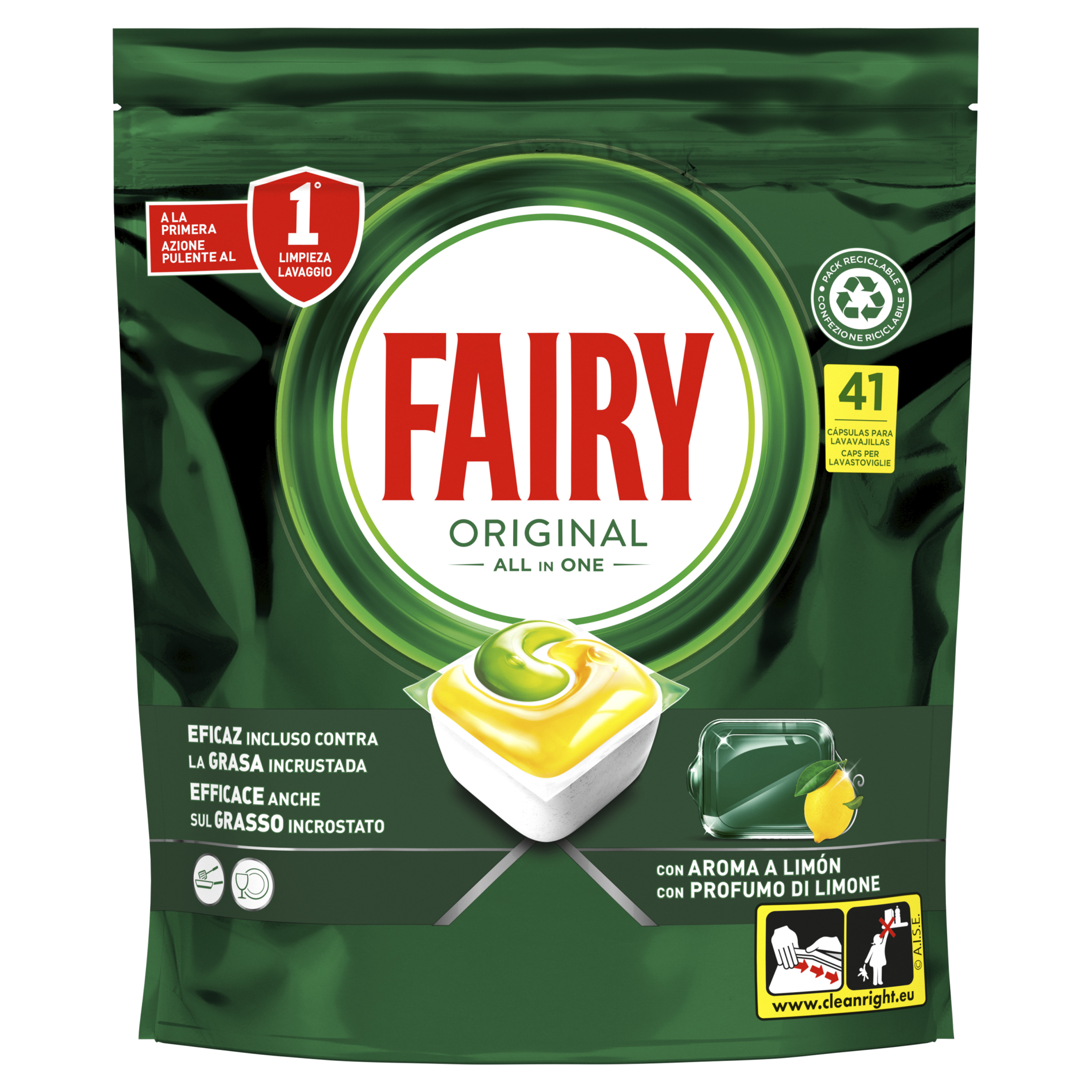 Fairy Original Todo En Uno Cápsulas De Lavavajillas, Limón, 41 Cápsulas, Efectivas Incluso En La Grasa Reseca