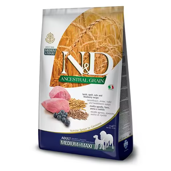 FARMINA N&D DOG ANCESTRAL MEDIUM MAXI CORDERO 12KG / Alimento completo para perros adultos de razas de tamaño mediano y grande. Elaborado a base de cordero, espelta, avena y arándanos. - 1