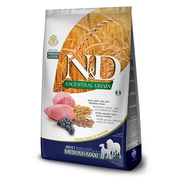 FARMINA N&D DOG ANCESTRAL MEDIUM MAXI CORDERO 12KG / Alimento completo para perros adultos de razas de tamaño mediano y grande. Elaborado a base de cordero, espelta, avena y arándanos. - 1