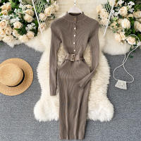 Vestido REALEFT De Punto Para Mujer Con Cuello Alto Y Mangas Largas Estampado Sólido Estilo Casual Vestido De Abrazo Largo Hasta La Rodilla Para Otoño E Invierno - details 7