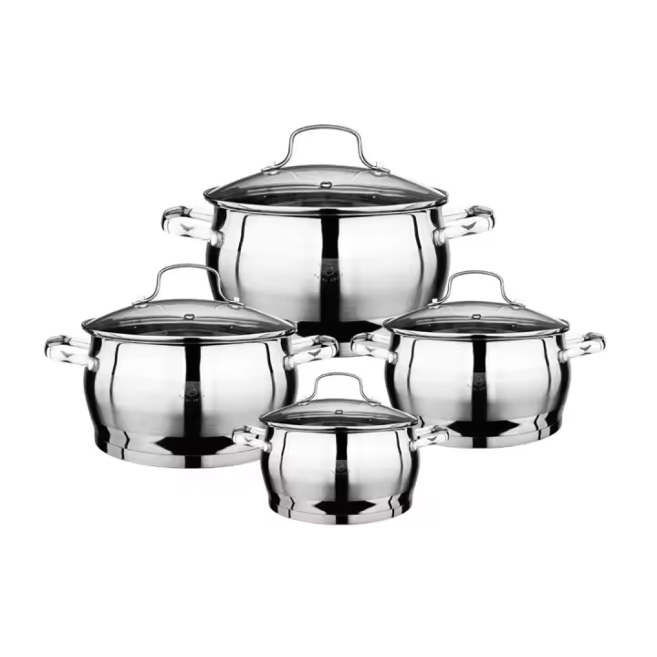 Juego de ollas Royal Swiss 4 ollas  de acero inoxidable  + Tapas de vidrio. 8 Piezas.  Apto para todo tipo de cocina  y para inducción. Tapa de cristal con salida de vapor. - 1