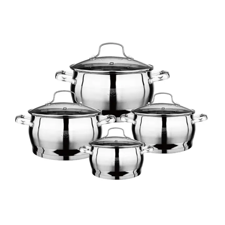 Juego de ollas Royal Swiss 4 ollas  de acero inoxidable  + Tapas de vidrio. 8 Piezas.  Apto para todo tipo de cocina  y para inducción. Tapa de cristal con salida de vapor. - 1