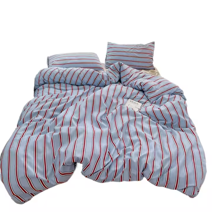 Juego De Cama De Cuatro Piezas Con Fundas De Almohada Y Fundas De Edredón En Estilo Estriado Rojo Y Azul Hecho De Algodón Lavado - 1