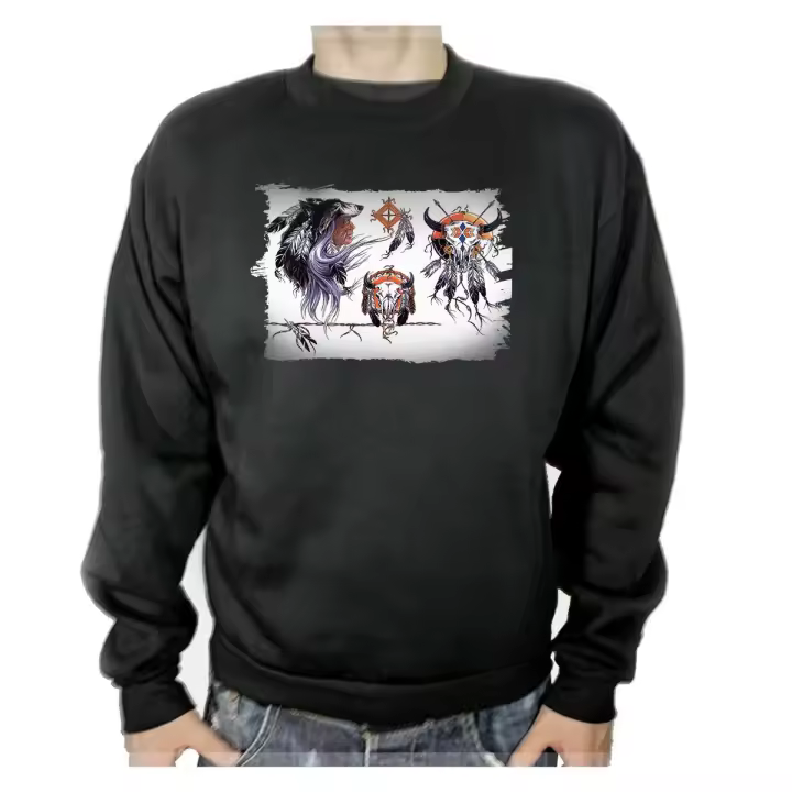 MERCHANDMANIA SUDADERA NEGRA indio nativo americano tribal cuernos adulto poliester algodón sweatshirt lobo brujo guerrero - 1