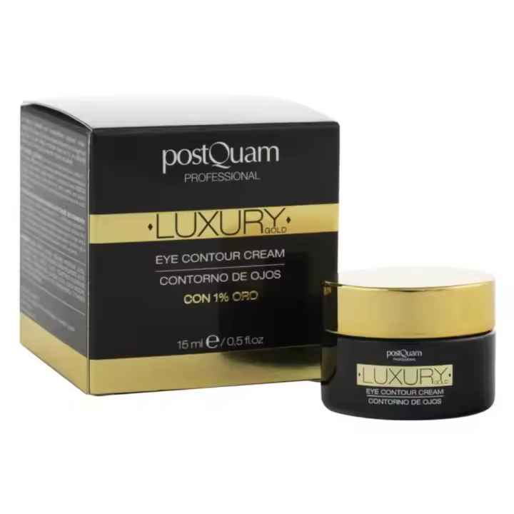 PostQuam - Crema Contorno Ojos Luxury Gold 24 K con Flakes de Oro - Crema Hidratante Antiedad para el Contorno de Ojos con Activos de Propiedades Reafirmantes y Tensoras - Reduce Visiblemente los Signos de Fatiga, Ojeras y Bolsas - 15 ml - 1