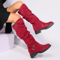 Botas De Rodilla Altas Cómodas Y Elegantes Con Diseño Redondo Y Hebilla Cierre Fácil Para Mujer Estilizada Con Forro De Peluche Material De La Parte Superior De Terciopelo Suave Para Uso Casual - details 14