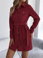 Vestido De Mujer Casual De Otoño E Invierno En Color Sólido De Corduroy Con Botones Y Cordones Largo De Cintura Vestimenta - details 16
