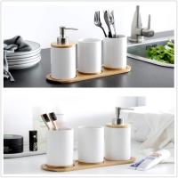 Juego de 4 accesorios de baño de cerámica, soporte para cepillo de dientes, dispensador de jabón, vaso y bandeja de bambú - details 1