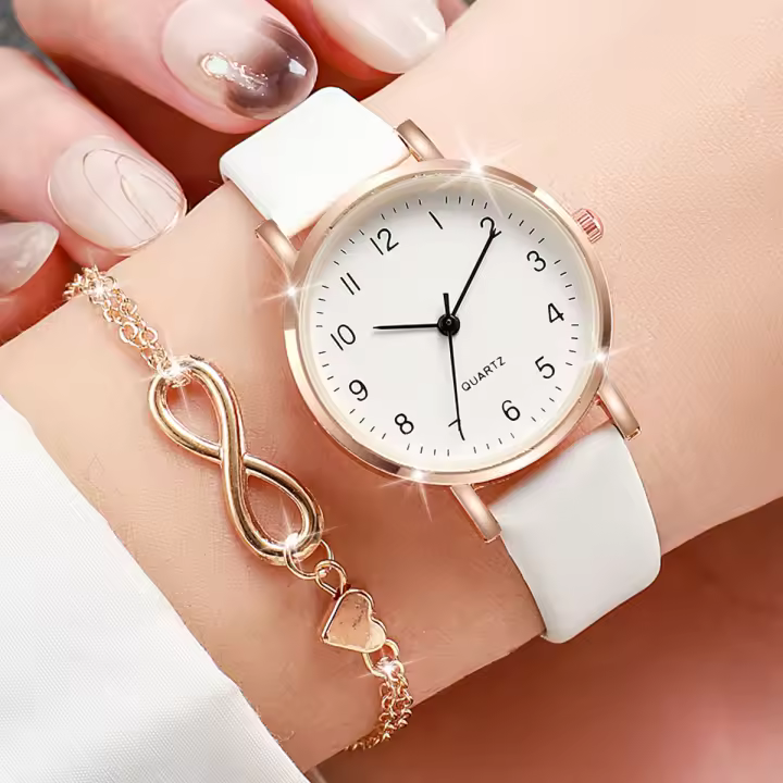 Set De 2 Relojes Para Mujer Con Dial Arábigo Y Correa De Cuero Cuarzo Reloj De Pulsera Con Corazón Dorado Y Pulsera Fashion - 1