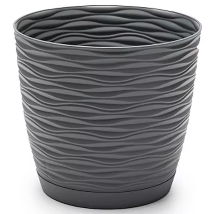 Tradineur - Maceta redonda de plástico con plato integrado, tiesto, macetero de polipropileno, recipiente para plantas, flores, balcón, terraza, hogar, fabricada en España (Wind, Antracita, 19 cm) - 1
