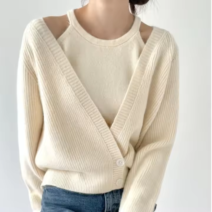 Nueva Estilo Coreano Otoño Invierno Suéter Cardigan V-neck Chaqueta De Cashmere Diseño De Chaleco Dos Piezas Para Mujer Top Jumper - 1