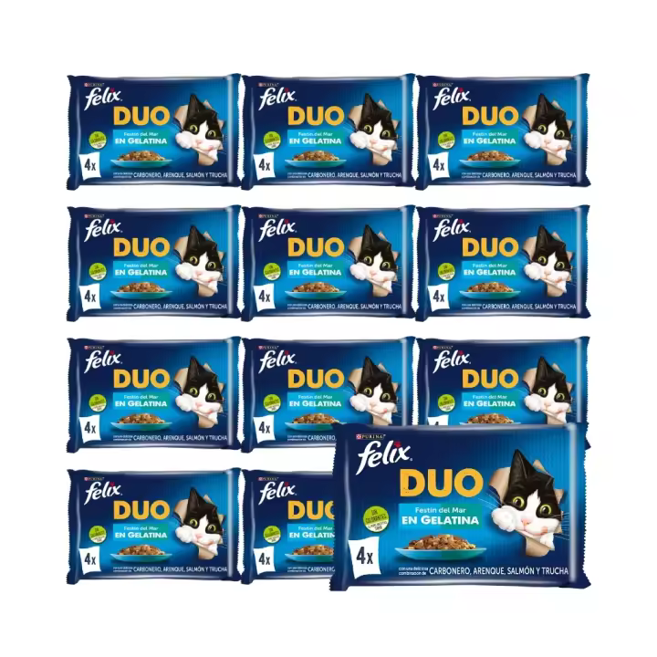 FELIX - Duo Gelatina (48x85 gr) - Comida Húmeda Festín del Mar (Carbonero y Salmón, Arenque y Trucha, Salmón y Sardina, Trucha y Caballa) (12x4x85 gr) - 1