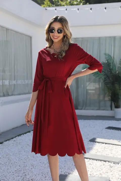 Vestido De Mujer Casual De Verano 2024 Con Cuello Volante Y Mangas Medio Largo De Color Sólido Europeo Y Estadounidense - 1