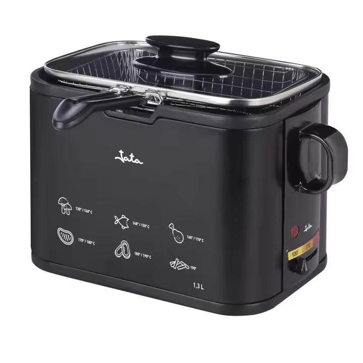 Jata Freidora Compacta Capacidad 1,3 litros Antiadherente Libre de PFOA y PTFE, Estructura Metálica, Cuerpo Inox Antihuella, Termostato Regulable, Cestillo Ajustado para Optimizar, Negro/Plata [Clase de eficiencia energética A] - FR326E FR5600 - 1