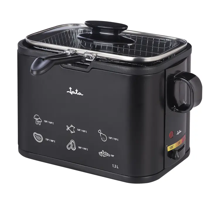 Jata Freidora Compacta Capacidad 1,3 litros Antiadherente Libre de PFOA y PTFE, Estructura Metálica, Cuerpo Inox Antihuella, Termostato Regulable, Cestillo Ajustado para Optimizar, Negro/Plata [Clase de eficiencia energética A] - FR326E FR5600 - 1