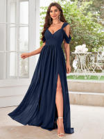 Vestido De Noche Elegante Para Mujer Unithorse Con Hombros Finos Manga Corta Cintura Ajustada Y Abertura En El Lado Chiffón Formal Para Damas De Honor - details 16