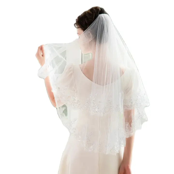 Velo De Novia Elegante Con Aplicación De Encaje Y Lentejuelas Dos Capas Largo Hasta Los Dedos Accesorios De Boda Para Mujeres - 1