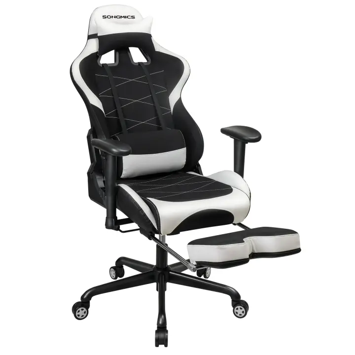 SONGMICS Silla Gaming, Silla Racing Ergonómica, Silla Giratoria de 360°, con Reposapiés, Reposacabezas, Cojín Lumbar y Respaldo Alto, Cuero Sintético, Altura Ajustable, Negro y Blanco - 1