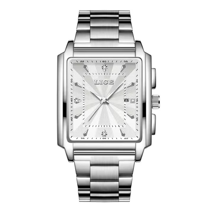 Reloj De Pulsera LIGE Para Hombre Oro Cuadrado Marca Top Lujo Acero Inoxidable Resistente Al Agua Reloj De Cuarzo Con Manecillas Luminosas Y Calendario Completo - 1