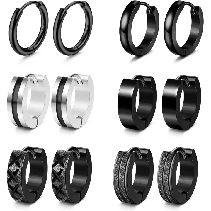 6 Paia Pendientes Aro Hombre Pendientes de Acero Quirúrgico Pendientes de Aro de Hélice Concha Cartílago Pendientes Piercing Punk Negro Hombre Mujer - 1