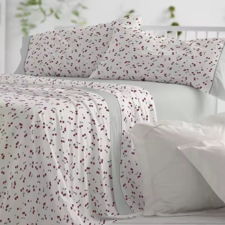 Juego Sábanas BURRITO BLANCO 50% Algodón Diseño Cerecitas Azul - Tacto Suave, Fácil Planchado, Alta Durabilidad - Cama 90-200cm - 1