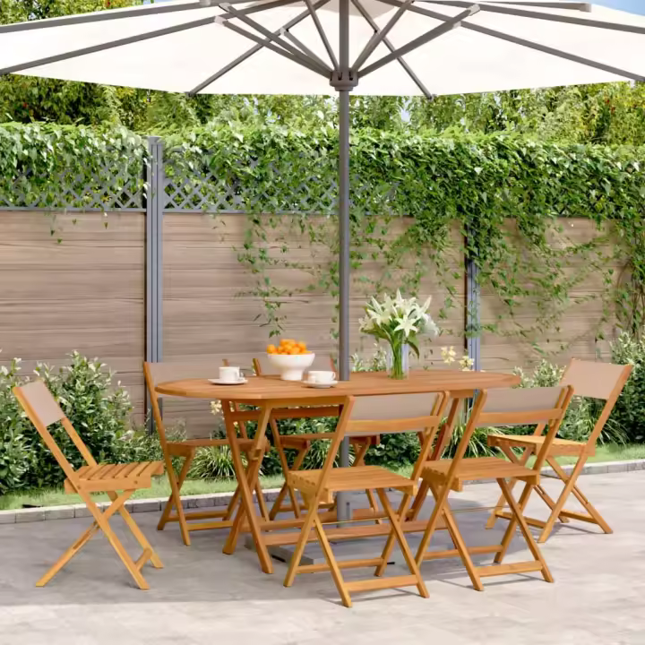 vidaXL Sillas de jardín plegables 6 uds madera maciza y tela taupe - 1