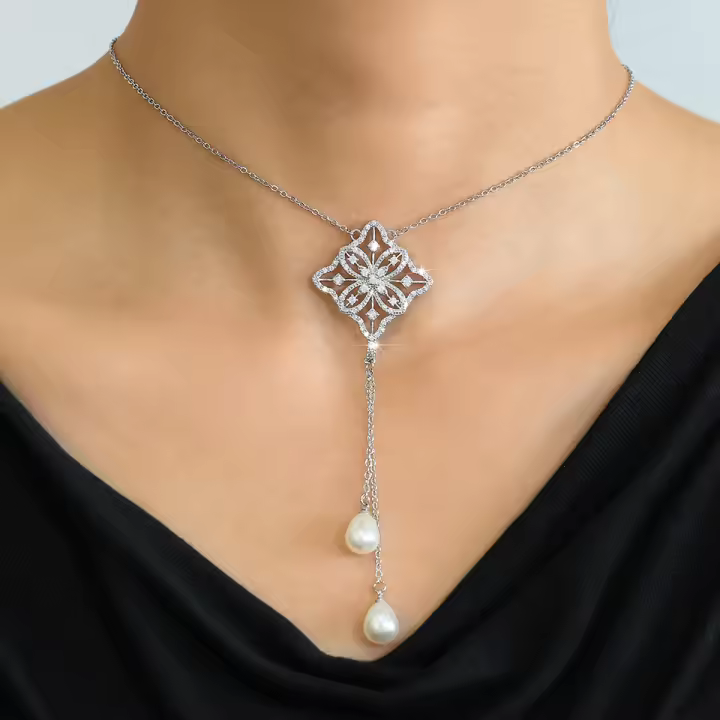 Collar Largo Elegante ZAKOL Con Zirconia Geométrica Y Perla Imitada Colgante De Moda Para Mujer Joyería De Boda - 1