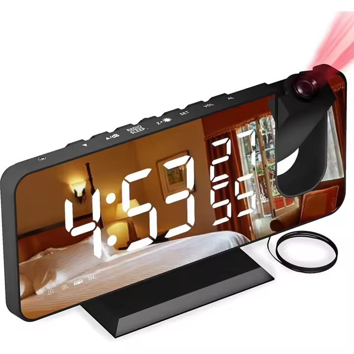 BIT Reloj Proyector con Radio, Reloj Digital, Radio Despertador USB con Doble Alarma y Pantalla de Espejo de 7 LED, Posposición, 4 Niveles de Brillo, 12/24 Horas, 15 Volúmenes, Apto para Hogar, Oficina - 1