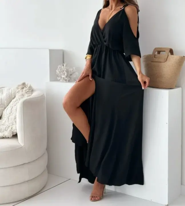 Vestido Largo De Mujer Estilo Casual Verano Temperamento V-cuello Hombros Descubiertos Con Abertura Color Sólido Vestido De Oficina - 1